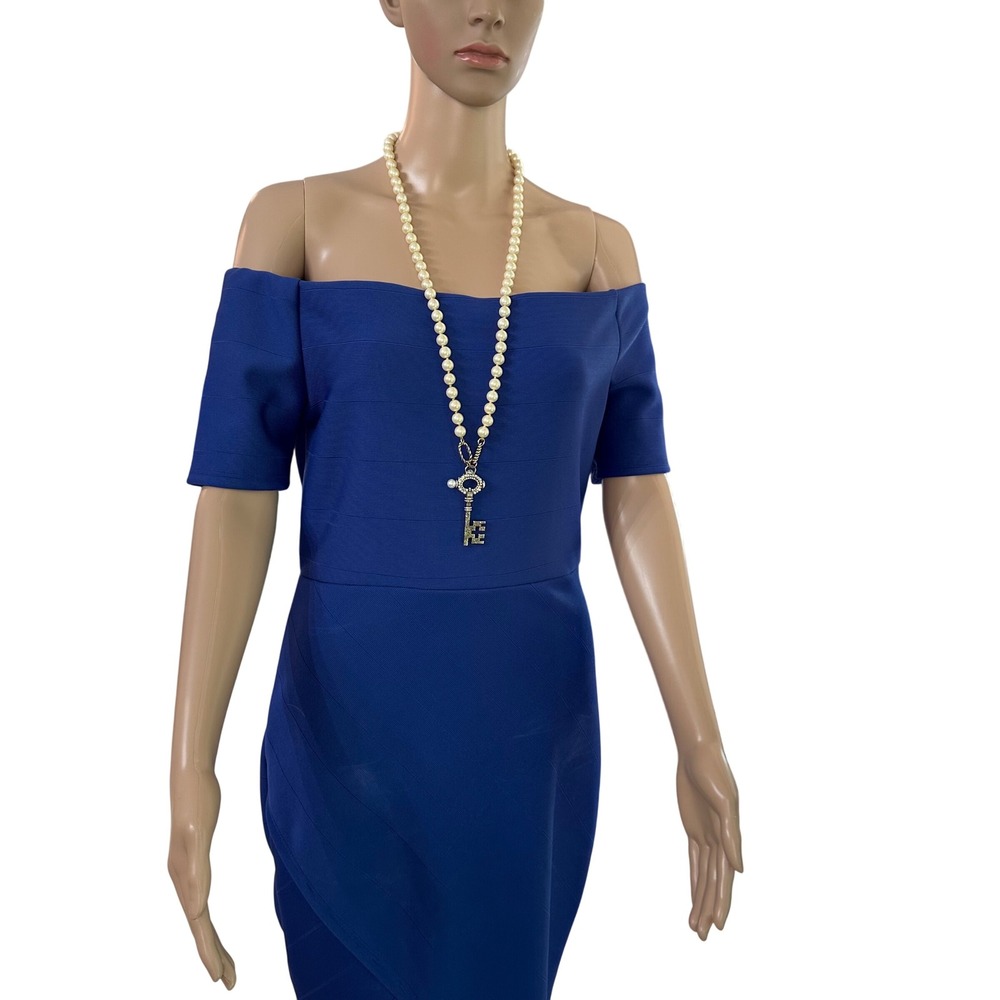 Fashion Nova Royal Blue Off The Shoulder Bodycon Dress Size L Elastic Stretch - Picture 2 of 7